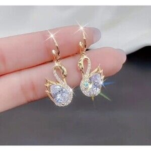 Dainty Gold Swan Earrings  with Rhinestones